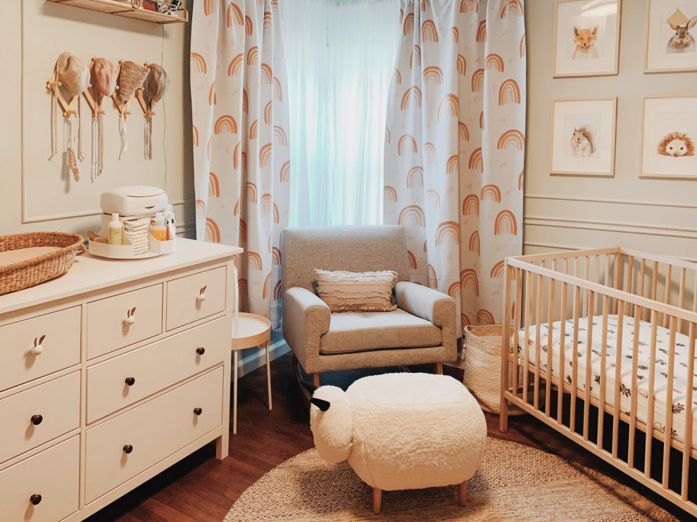 Montessori Inspired Nursery - We used neutrals, unfinished woods, and touches of subtle color for a nursery that is soothing, yet fun. Details like the bunny drawer pulls and sheep ottoman add a touch of whimsy.
