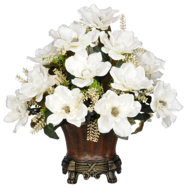 Artificial White Magnolia with Astilbe in Brown Traditional Urn