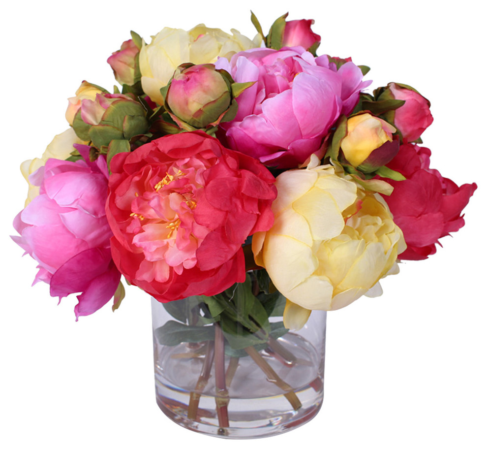 Silk French Peonies Bouquet in Glass Vase With Fake Water Traditional