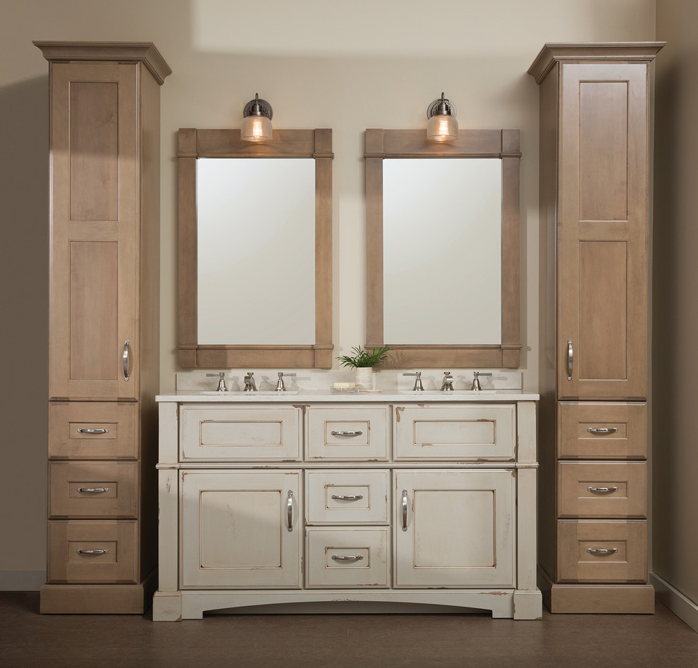 Inspiration for a country master bathroom in DC Metro with an undermount sink, distressed cabinets, solid surface benchtops, beige walls, cork floors, beige tile, brown floor, white benchtops and furniture-like cabinets.
