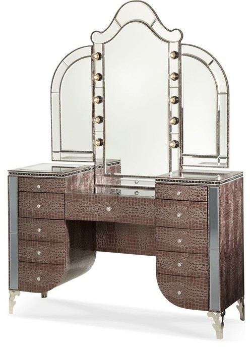 Hollywood Swank Upholstered Vanity and Mirror, hollywood glam, hollywood glam vanity, croc vanity