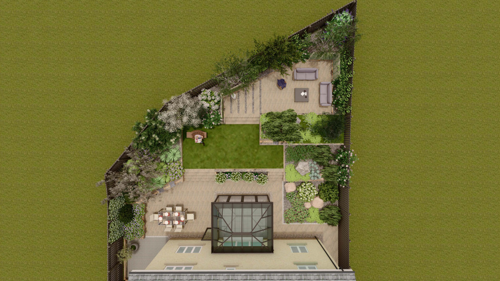 Foto di un giardino xeriscape design esposto in pieno sole di medie dimensioni e dietro casa in inverno con un muro di contenimento, pavimentazioni in pietra naturale e recinzione in legno