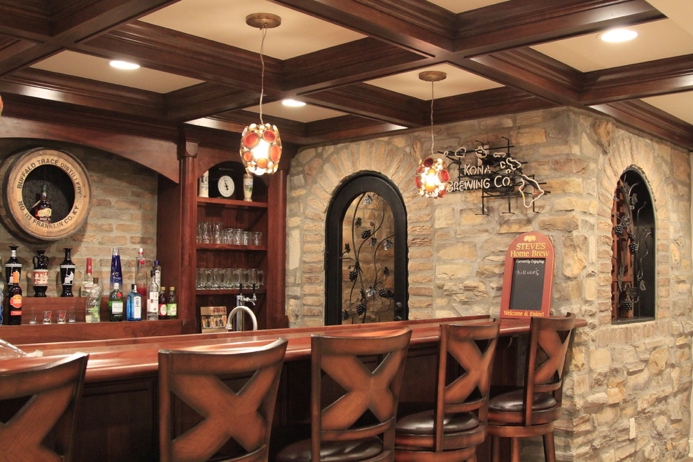 Mid-sized arts and crafts single-wall wet bar in Columbus with open cabinets, medium wood cabinets, wood benchtops and brown benchtop.