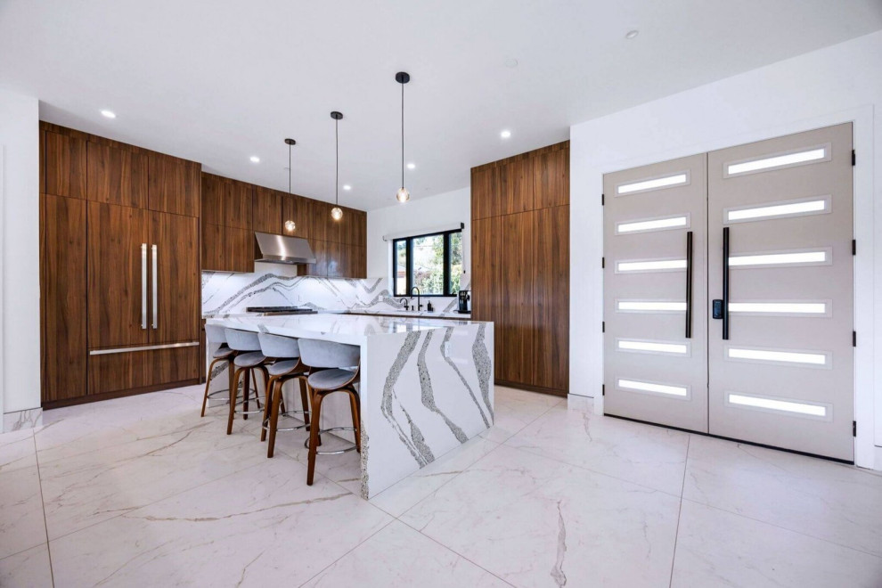 Luxury Wood Kitchen with Waterfall Island | Pacifica, CA