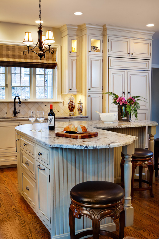 Gray Kitchen Cabinets with Beadboard and Granite Counters ...