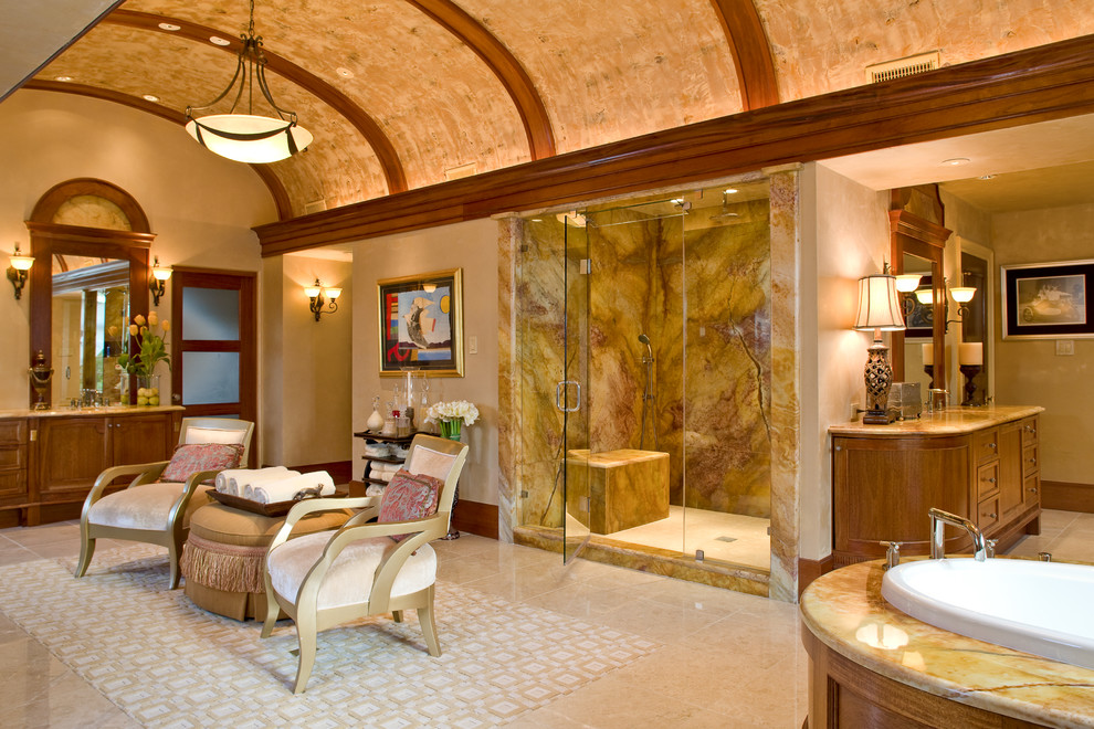 Design ideas for an expansive traditional master bathroom in Dallas with a drop-in tub and an alcove shower.