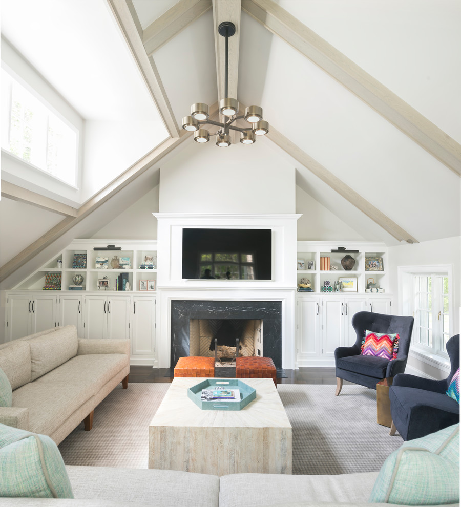 Design ideas for a beach style family room in New York with white walls, dark hardwood floors, a standard fireplace, a stone fireplace surround and a wall-mounted tv.