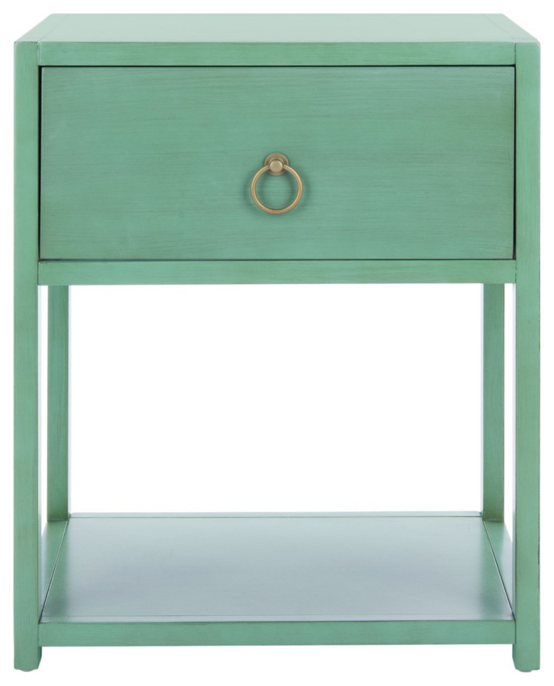Contemporary Nightstand, Lower Shelf & Drawers With Gold Ring Pull, Turquoise Contemporary