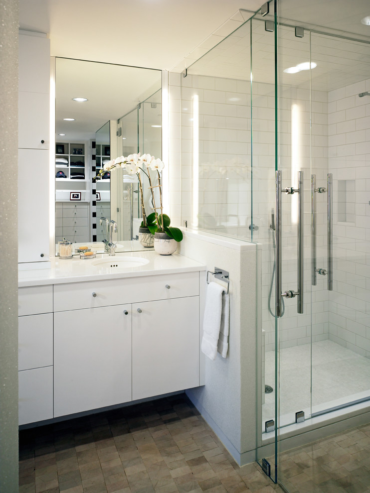 Contemporary bathroom in Boston with subway tile.