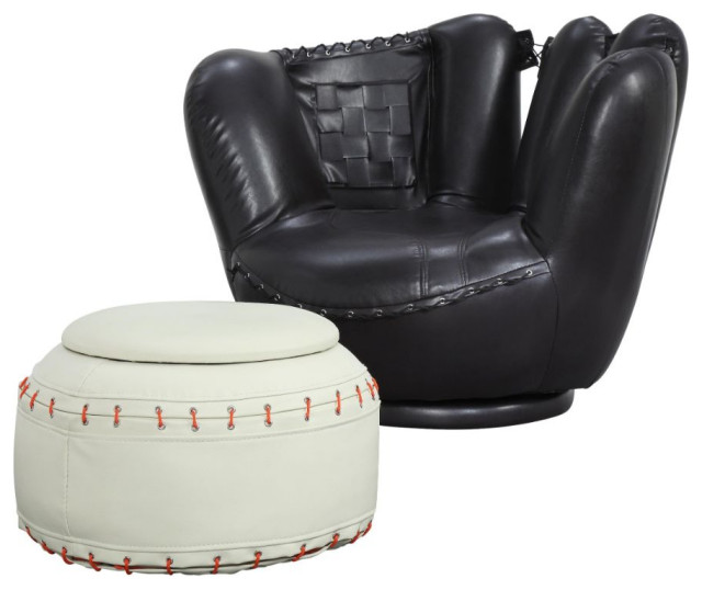 Acme All Star Baseball Mitt Chair and Ottoman Black and White PU