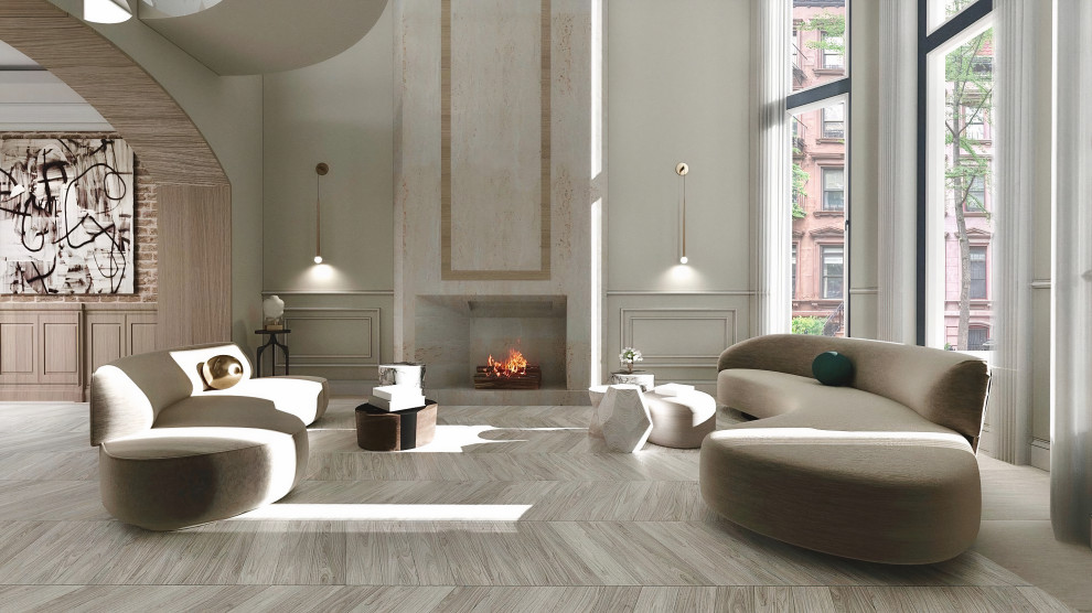 Großes, Repräsentatives, Offenes Modernes Wohnzimmer mit Kamin, beigem Boden, beiger Wandfarbe und vertäfelten Wänden in New York