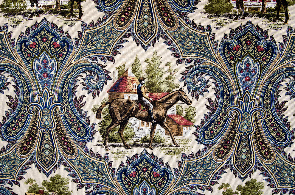 Horse jockey fabric paisley blue toile