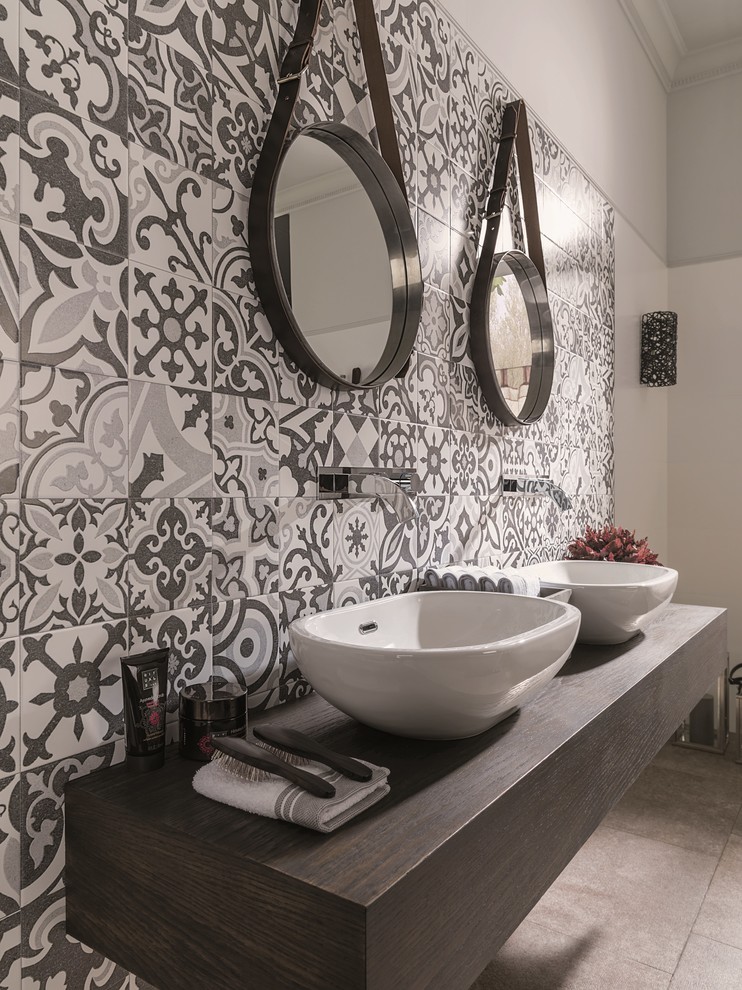 Design ideas for a contemporary master bathroom in Perth with open cabinets, dark wood cabinets, black and white tile, porcelain tile, white walls, porcelain floors, a vessel sink and laminate benchtops.