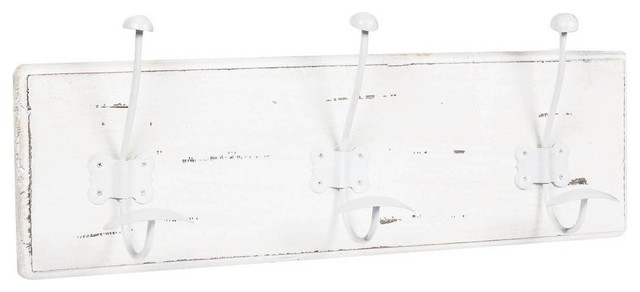 Traditional Wall Coat Rack, Antique White, 3 Hooks