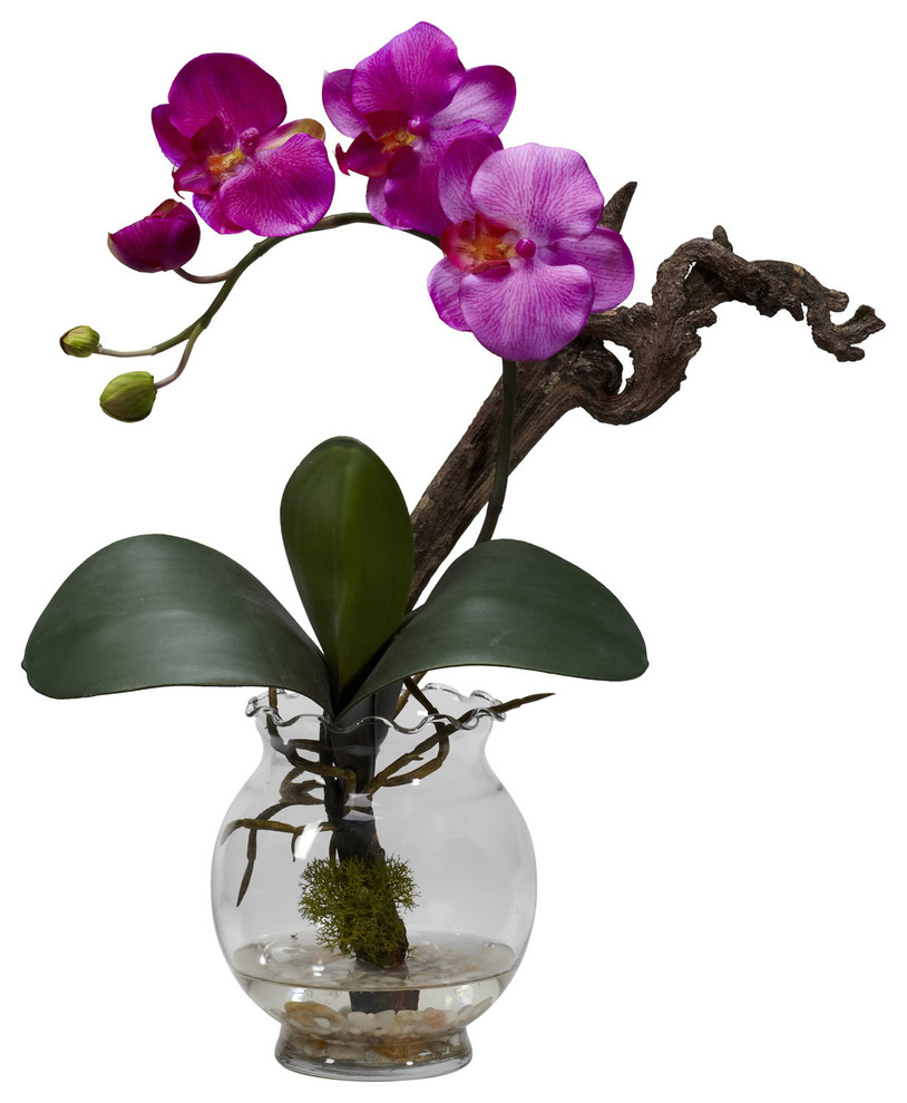 Mini Phalaenopsis With Fluted Vase Silk Flower Arrangement, Purple
