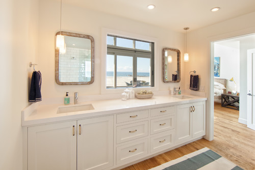 All White bathroom Modern Spaces Built In Storage Brass Fixtures Just The Right Amount Small Space