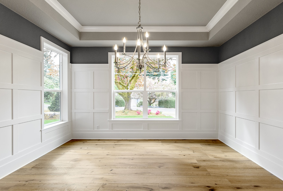 Mid-sized transitional separate dining room in Portland with grey walls, medium hardwood floors and no fireplace.