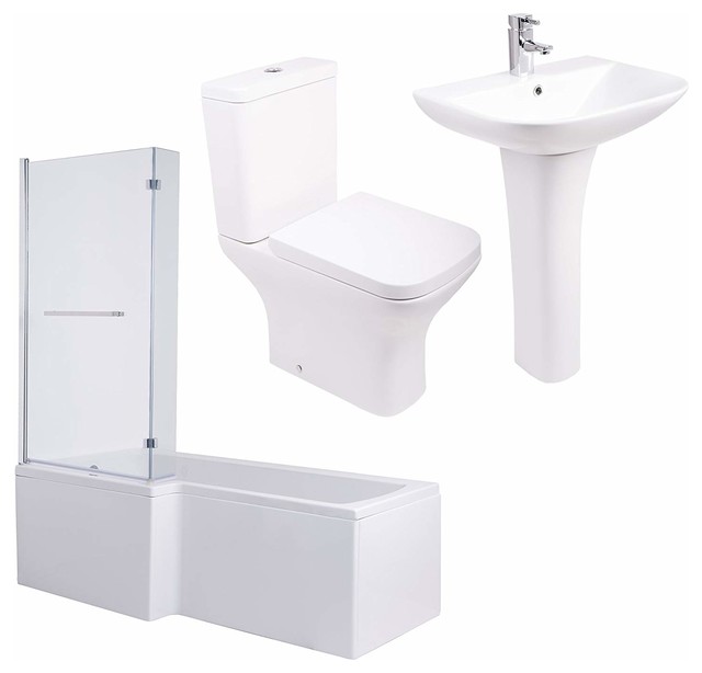 Bathroom Suite with WC Toilet Wash, Basin Sink and L-Shaped Bath, Modern Style