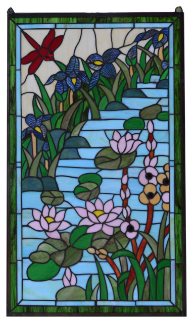 20.5" x 34.5"  Decorative Handcrafted stained glass window panel Dragonfly Lotus 