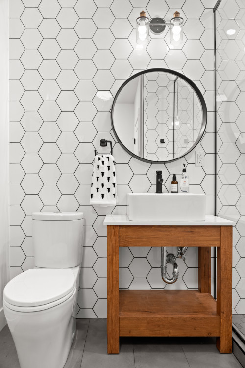 Small Bathroom Design With Wood Vanity and White Hexagon Tiles