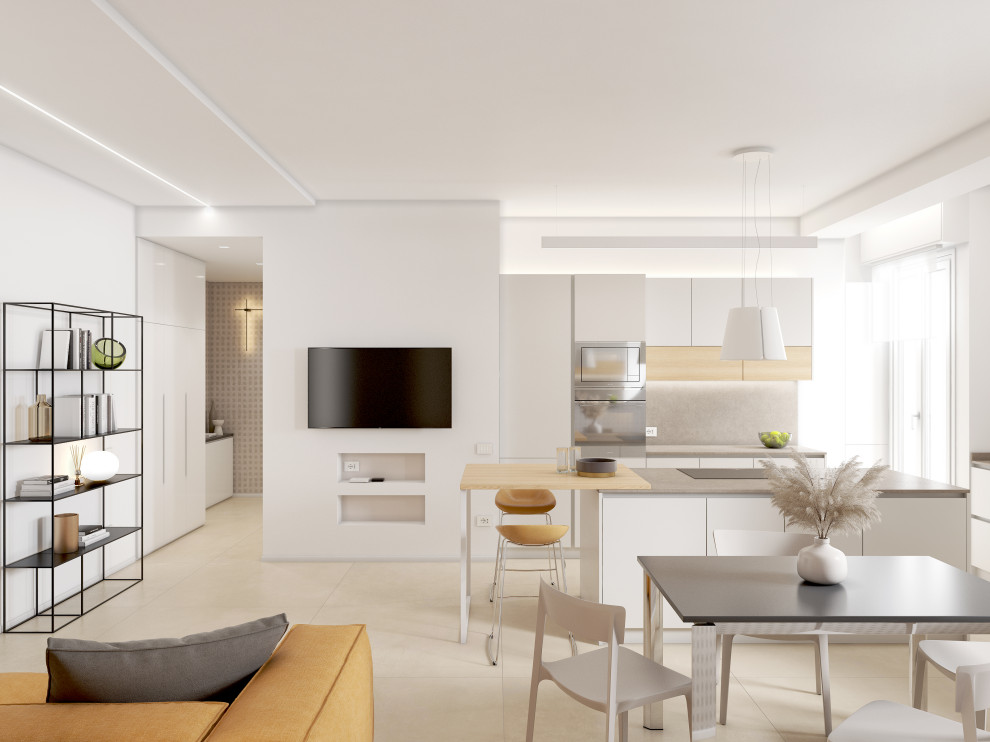 Mid-sized contemporary u-shaped open plan kitchen in Milan with an integrated sink, flat-panel cabinets, beige cabinets, solid surface benchtops, brown splashback, porcelain splashback, stainless steel appliances, porcelain floors, with island, beige floor, brown benchtop and recessed.