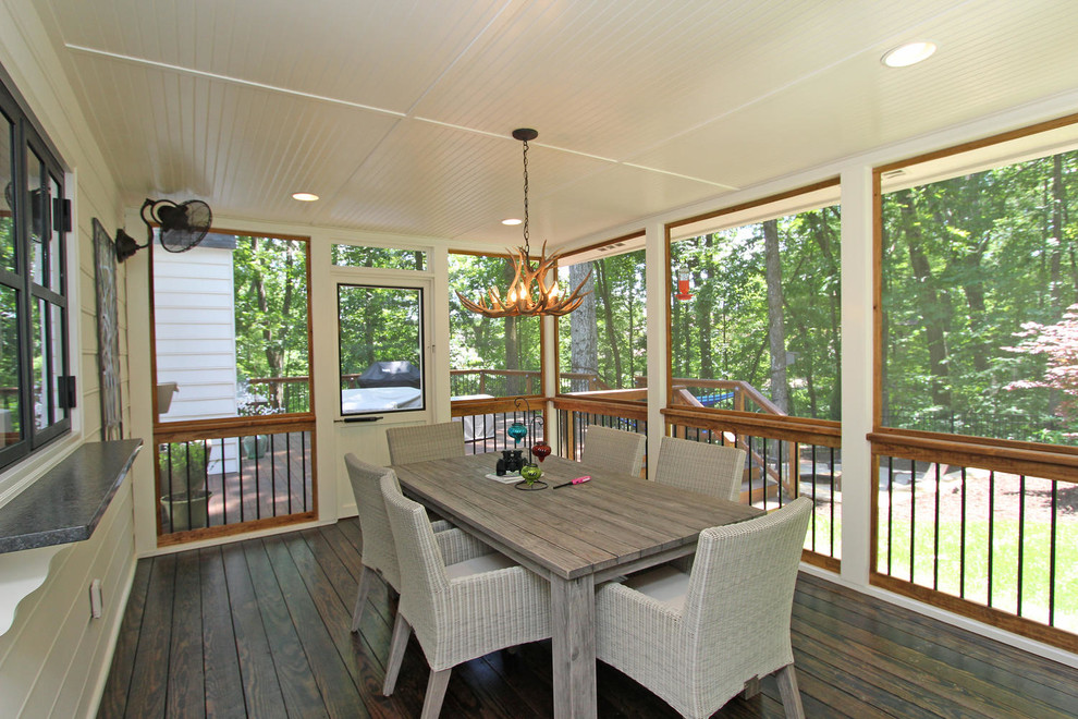Mid-sized traditional backyard screened-in verandah in Atlanta with decking and a roof extension.