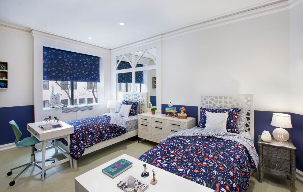 This is an example of a large modern bedroom in New York with blue walls, carpet, no fireplace and white floor.