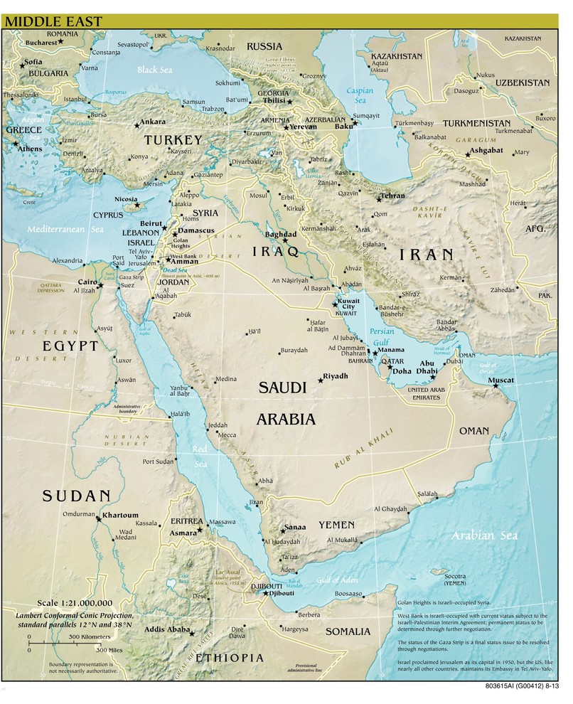 Middle East Map, Physical, Peel & Stick Removable Wall Decal, 20