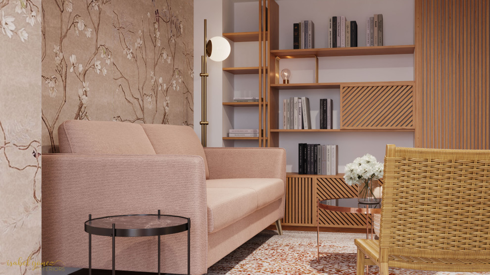 Modelo de sala de estar nórdica con paredes beige y suelo de madera en tonos medios
