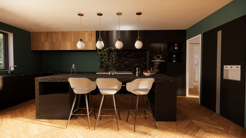 Inspiration for a large contemporary l-shaped open plan kitchen in Dijon with panelled appliances, with island, brown floor, black benchtop and light hardwood floors.