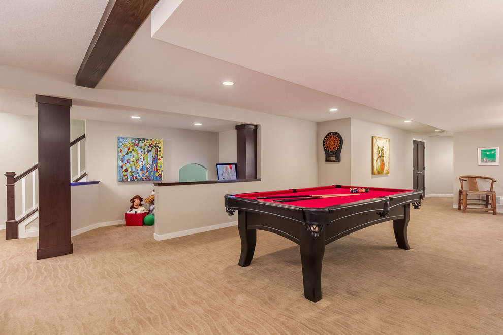 Inspiration for a mid-sized transitional look-out carpeted and beige floor basement remodel in Minneapolis with gray walls and no fireplace