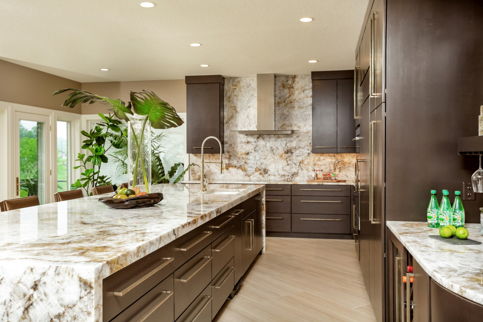 Eat-in kitchen - large transitional l-shaped beige floor eat-in kitchen idea with an undermount sink, flat-panel cabinets, dark wood cabinets, marble countertops, multicolored backsplash, marble backsplash, paneled appliances, an island and multicolored countertops