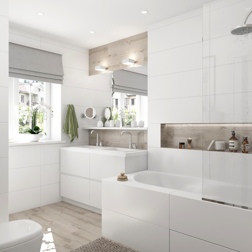 Дизайн интерьера ванной комнаты в загородном доме.