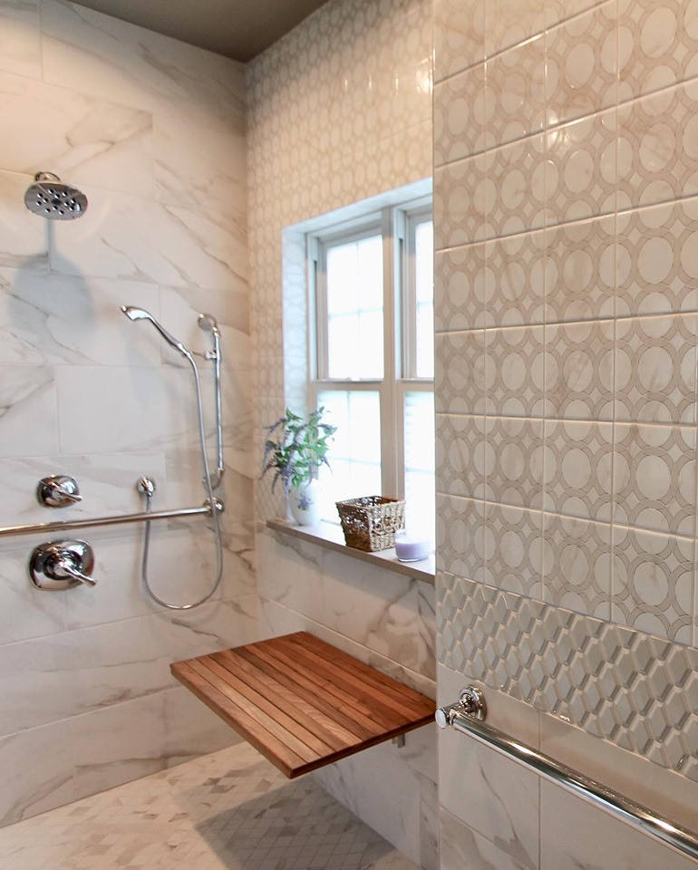Doorless shower - large transitional master white tile and porcelain tile porcelain tile and gray floor doorless shower idea with shaker cabinets, gray cabinets, gray walls, an undermount sink, quartz countertops and white countertops