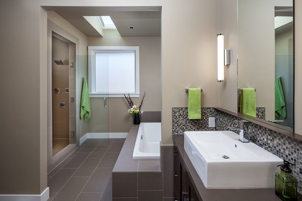 Alcove bathtub - large contemporary master mosaic tile and gray tile porcelain tile alcove bathtub idea in Portland with a vessel sink, quartz countertops, shaker cabinets, dark wood cabinets, a two-piece toilet and beige walls