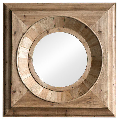 Square Frame Round Cutout Pine Mirror, Wooden Pine Frame Mirror