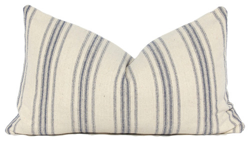 French Country Striped Linen Lumbar Pillow Cover, Blue, 12"x20"