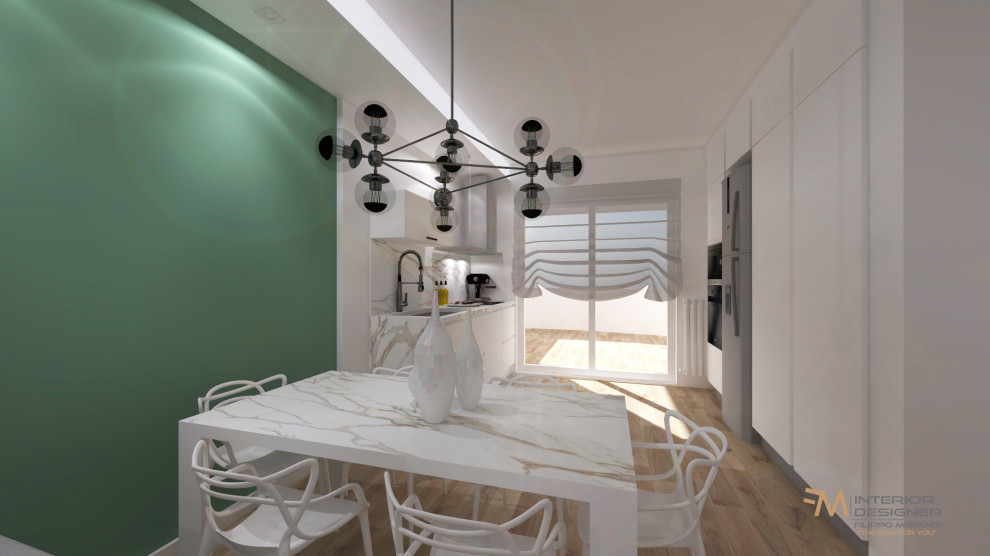 На фото: маленькая изолированная гостиная комната в стиле модернизм с зелеными стенами, светлым паркетным полом, мультимедийным центром, коричневым полом и многоуровневым потолком без камина для на участке и в саду