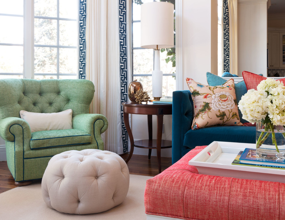 Living room - transitional formal and open concept medium tone wood floor living room idea in Denver