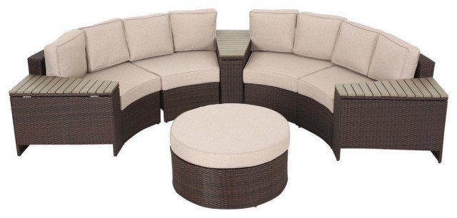 Mia Outdoor 4-Seater Wicker Curved Sectional Set With Wedge Tables, Beige, Round Ottoman