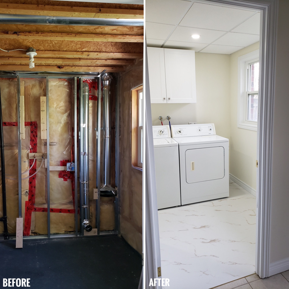 Laundry room - transitional porcelain tile and white floor laundry room idea with an utility sink, shaker cabinets, white cabinets, white walls and a side-by-side washer/dryer