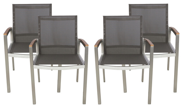 Emma Outdoor Aluminum Dining Chairs with Faux Wood Accents, Silver/Gray/Natural Brown, Set of 4