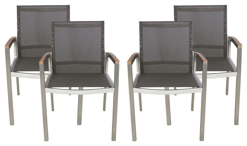 Emma Outdoor Aluminum Dining Chairs with Faux Wood Accents, Silver/Gray/Natural Brown, Set of 4