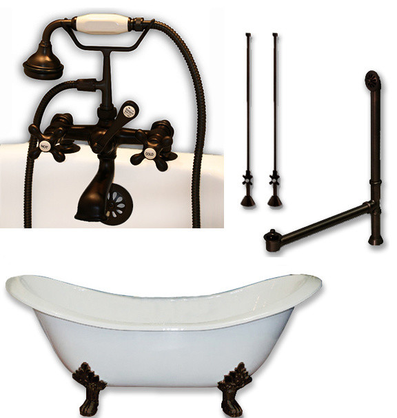 Cast Iron Double Ended Slipper Tub, Oil Rubbed Bronze Plumbing Package