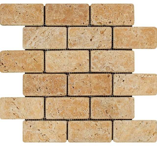 Gold Brick Mosaic, 2x4, Tumbled Mosaic Tiles Traditional Wall And