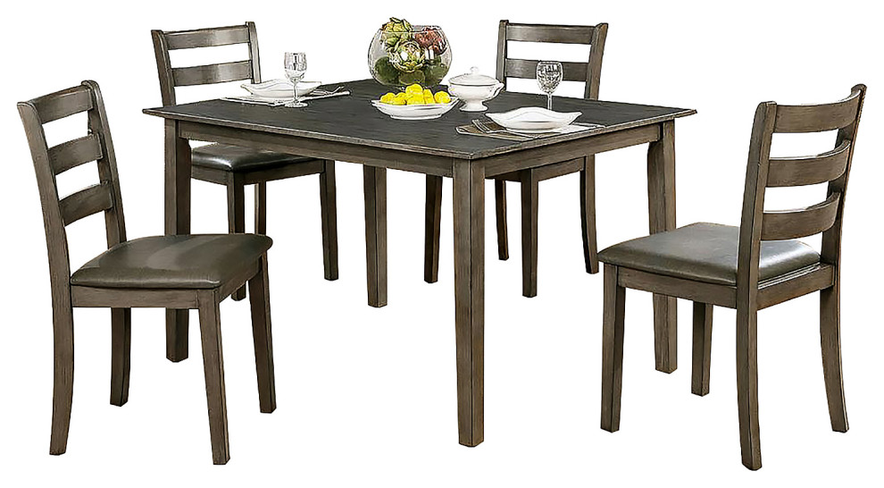 Transitional Style Solid Wood and Faux Leather Dining Table Set, Gray