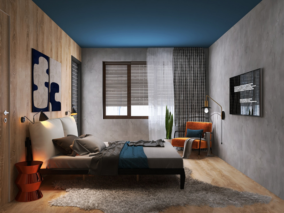 Дизайн спальни, совмещенной с санузлом, для молодого человека