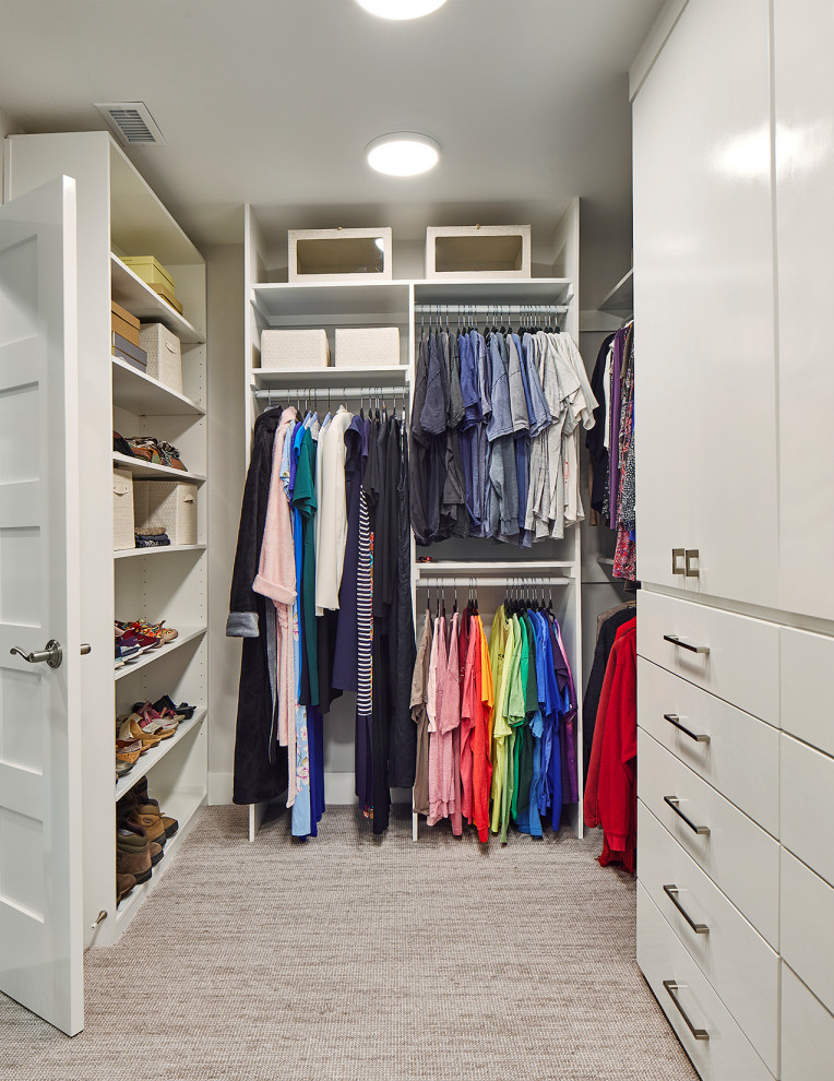 Large contemporary gender-neutral walk-in wardrobe in Dallas with flat-panel cabinets, white cabinets, carpet and beige floor.