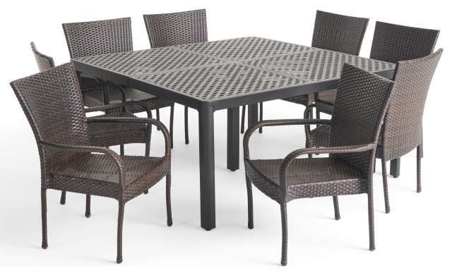 Lillian Outdoor Aluminum and Wicker 8 Seater Dining Set With Stacking Chairs, An