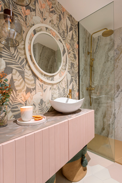 Contemporary Bathroom with Tropical Wallpaper Backsplash